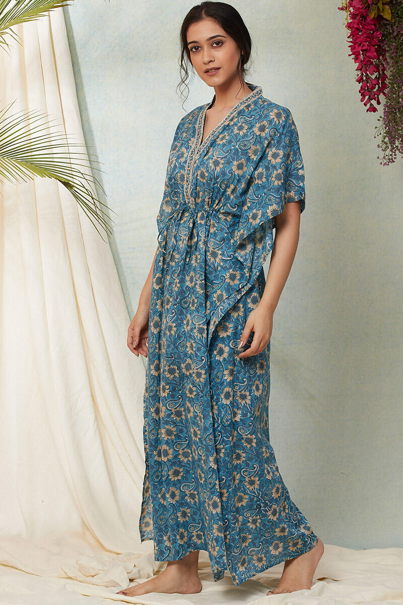 Blue Block Printed Cotton Kaftan
