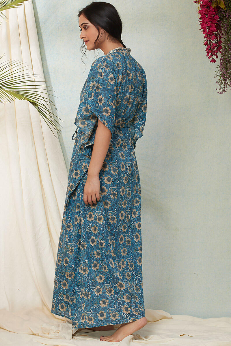 Blue Block Printed Cotton Kaftan