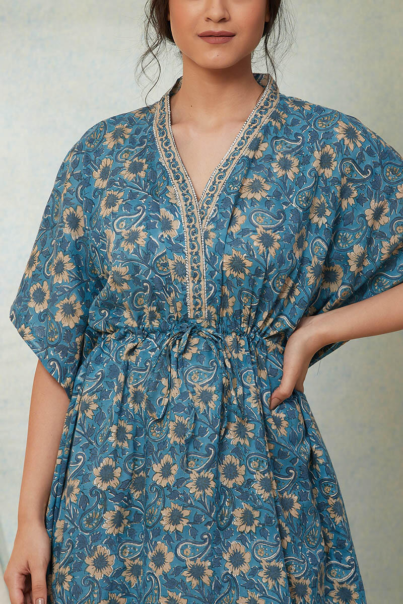 Blue Block Printed Cotton Kaftan