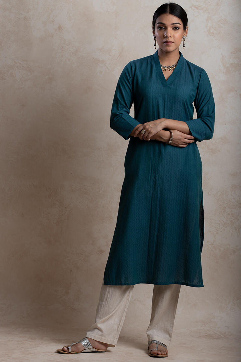 Blue Handcrafted Straight Cotton Kurta
