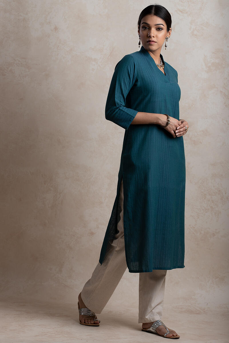Blue Handcrafted Straight Cotton Kurta