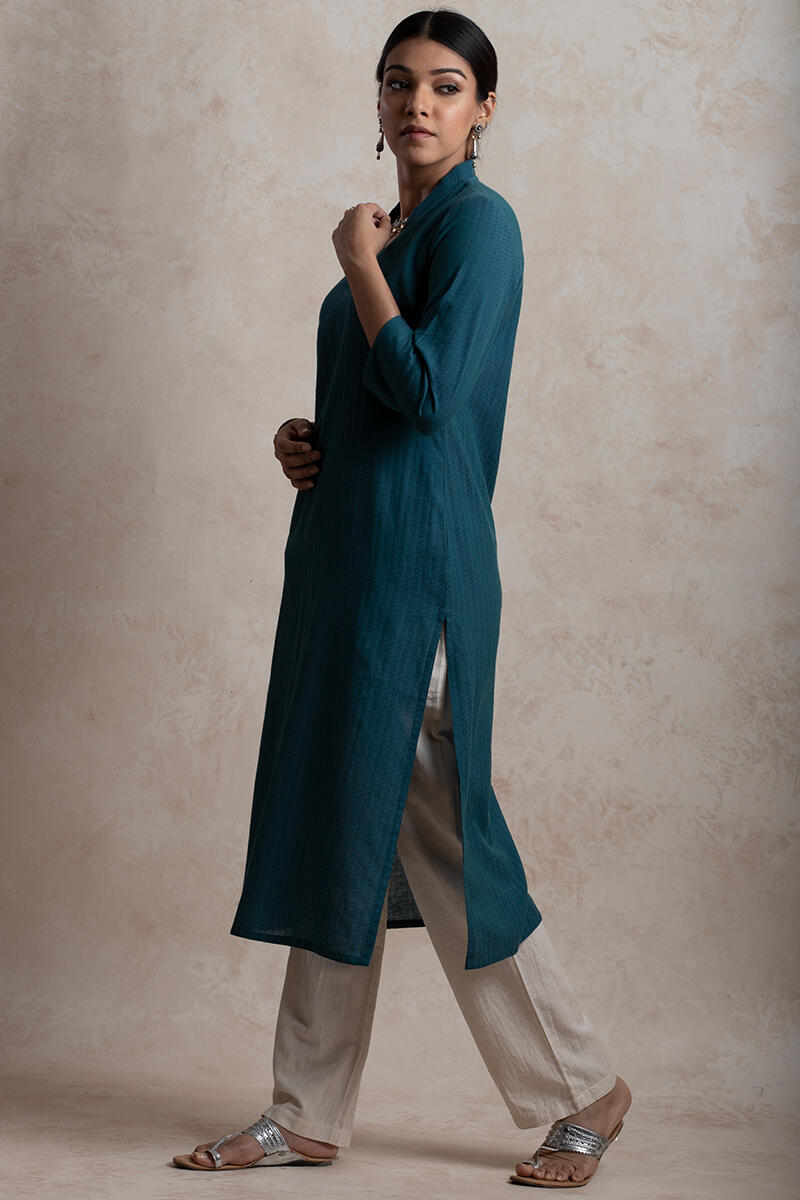 Blue Handcrafted Straight Cotton Kurta