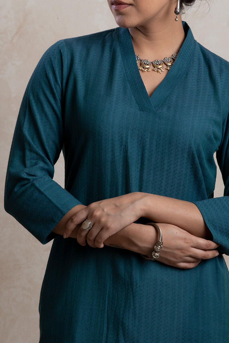 Blue Handcrafted Straight Cotton Kurta