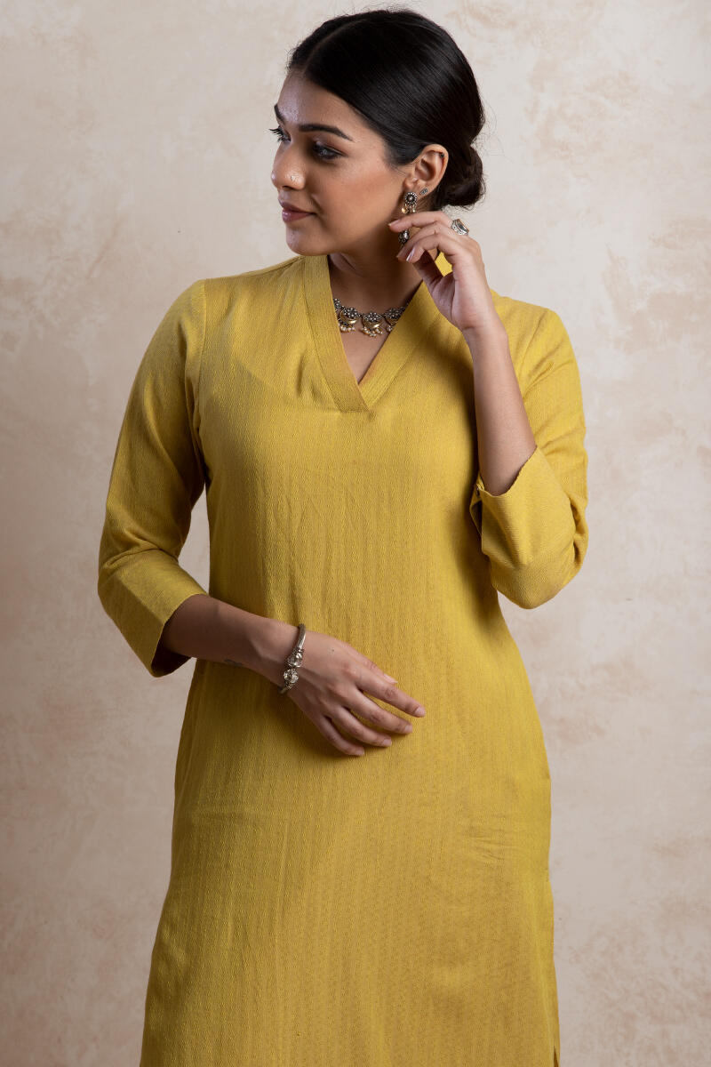 Mustard Handcrafted Straight Cotton Kurta