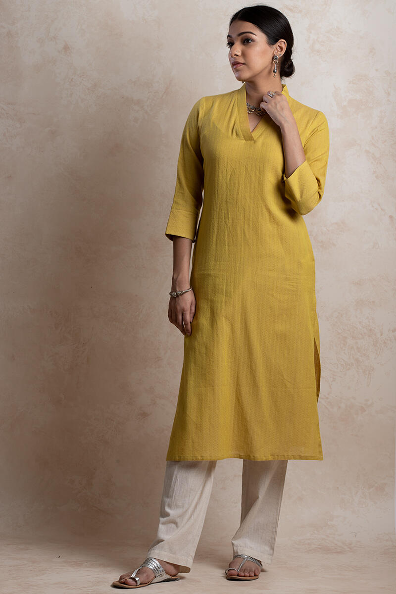 Mustard Handcrafted Straight Cotton Kurta