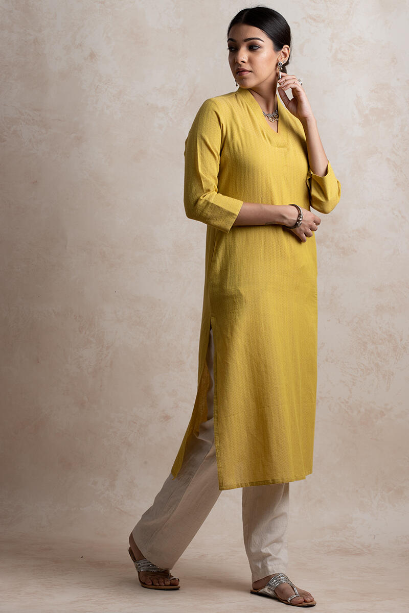 Mustard Handcrafted Straight Cotton Kurta