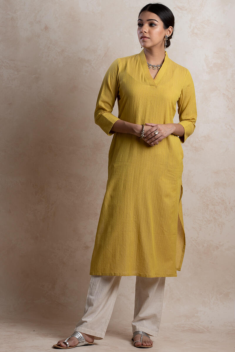 Mustard Handcrafted Straight Cotton Kurta