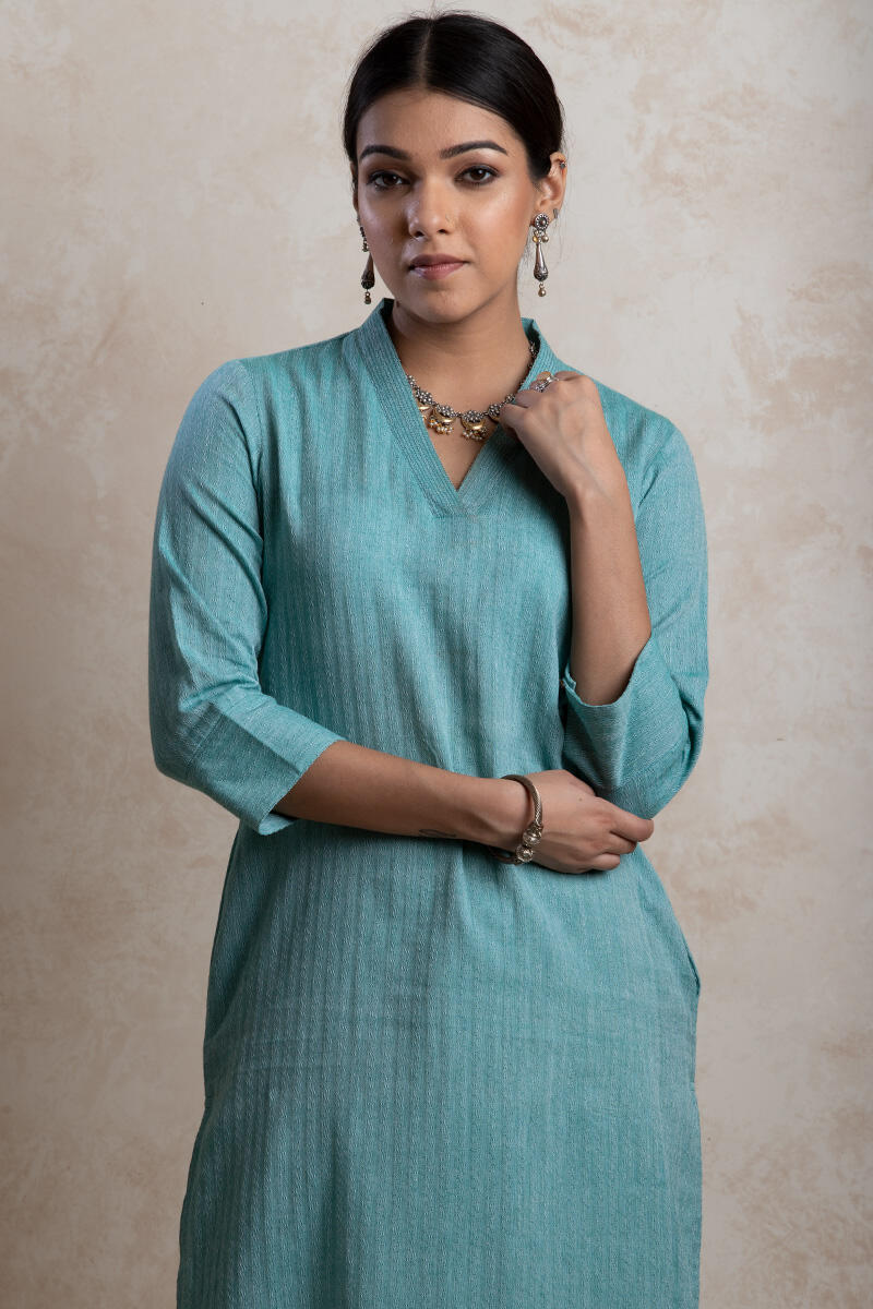 Turquoise Handcrafted Straight Cotton Kurta