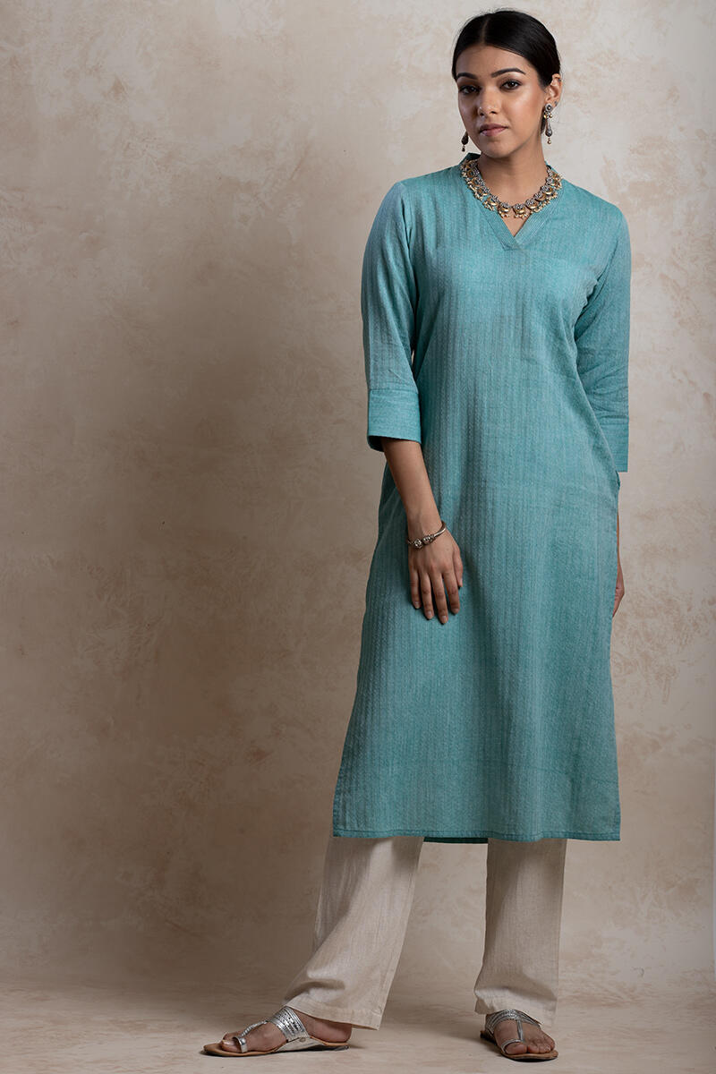 Turquoise Handcrafted Straight Cotton Kurta