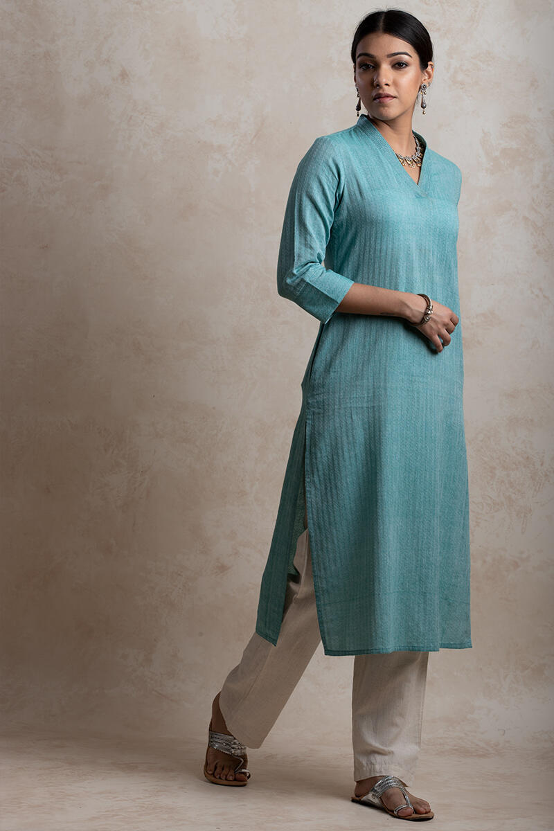 Turquoise Handcrafted Straight Cotton Kurta