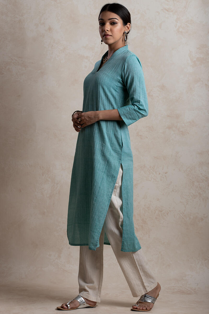 Turquoise Handcrafted Straight Cotton Kurta