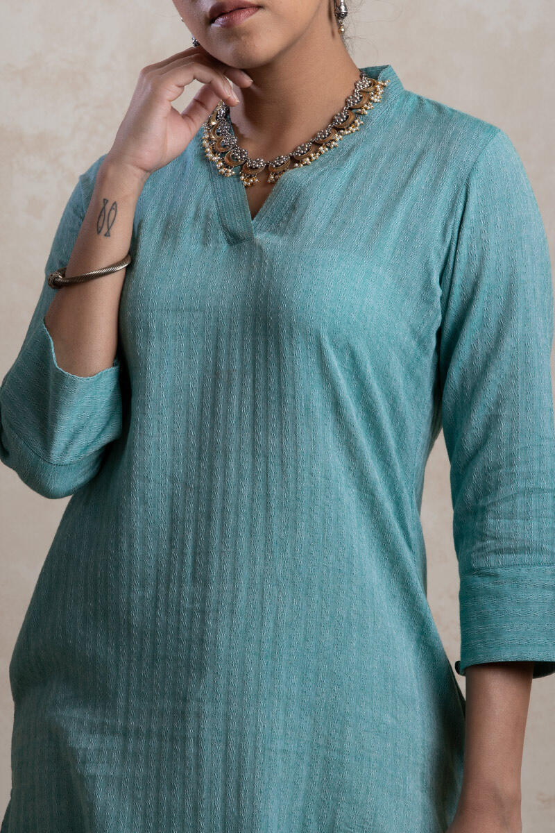 Turquoise Handcrafted Straight Cotton Kurta