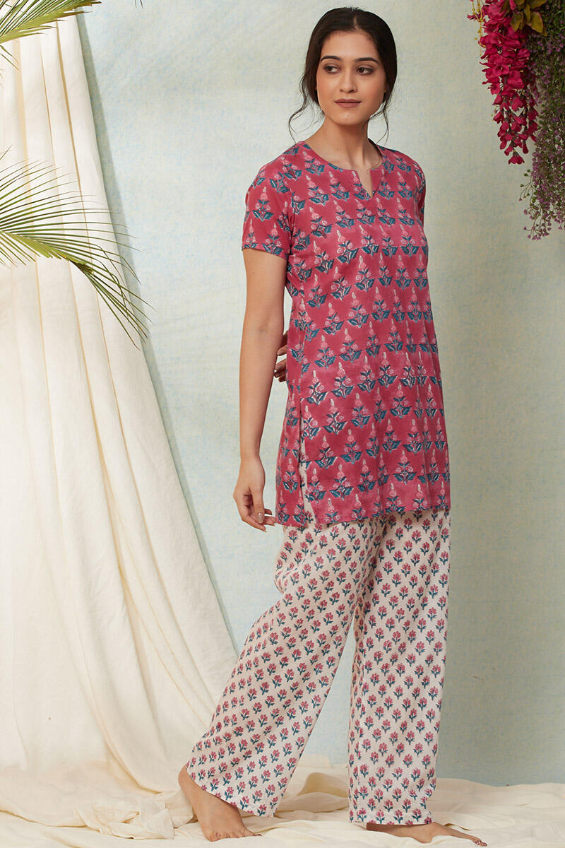 Buy Pink Block Printed Cotton Nightsuit Set FGNSET19 35 Farida Gupta