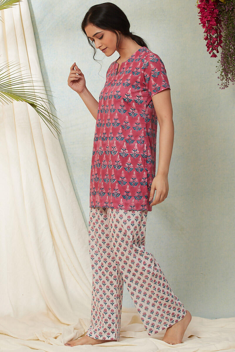 Buy Pink Block Printed Cotton Nightsuit Set FGNSET19 35 Farida Gupta