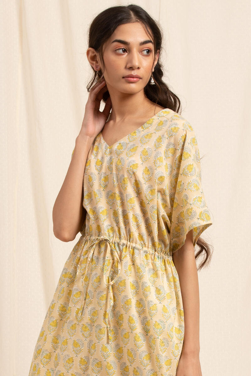 Yellow Block Printed Cotton Short Kaftan