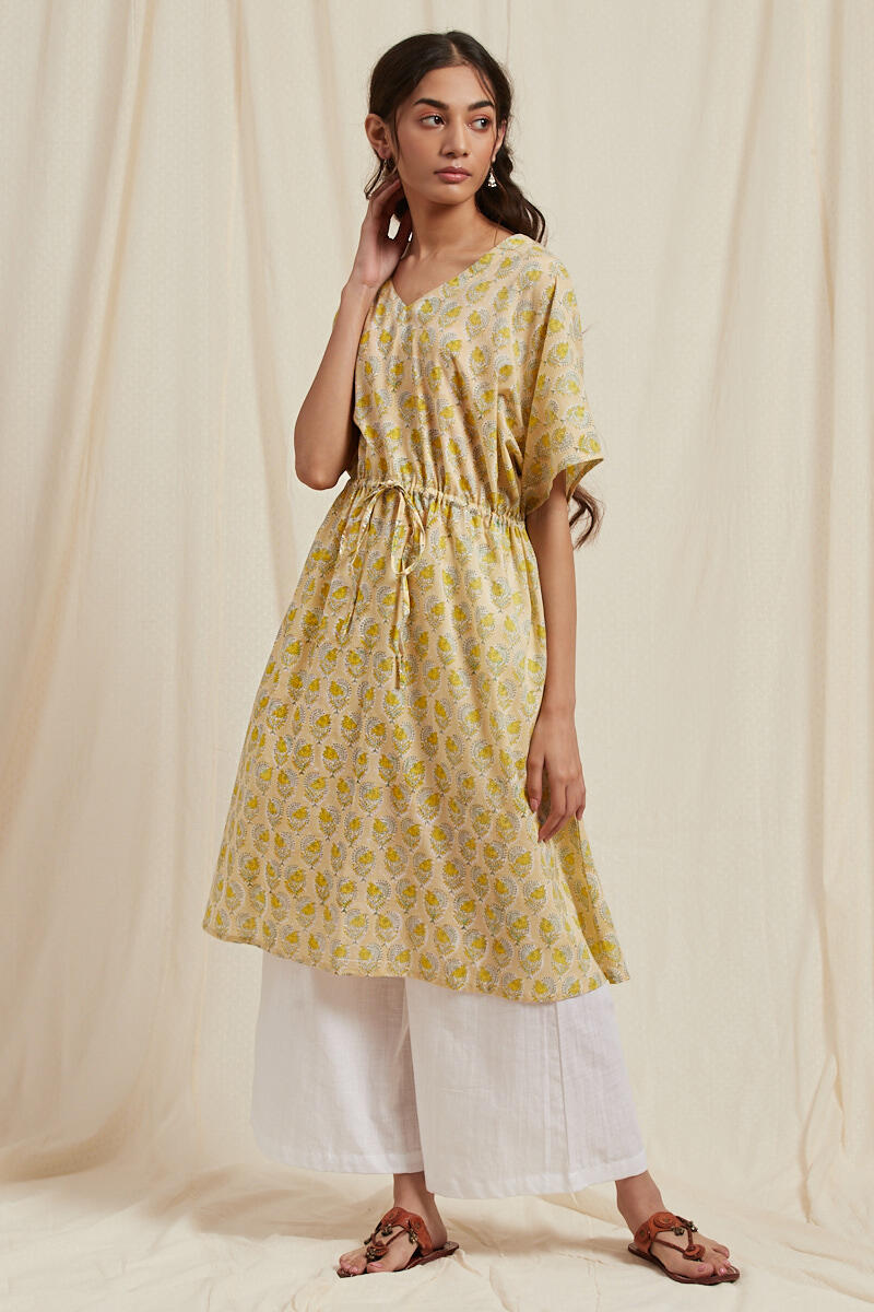 Yellow Block Printed Cotton Short Kaftan
