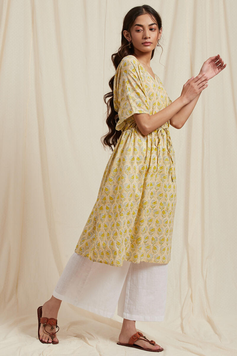 Yellow Block Printed Cotton Short Kaftan