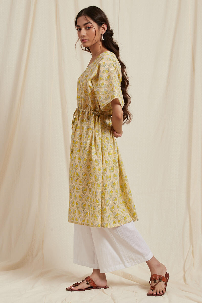 Yellow Block Printed Cotton Short Kaftan