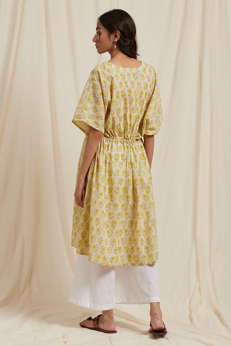 Yellow Block Printed Cotton Short Kaftan