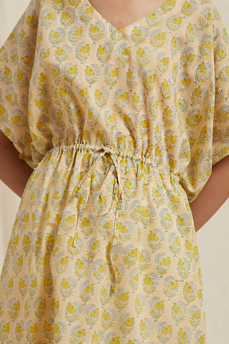 Yellow Block Printed Cotton Short Kaftan