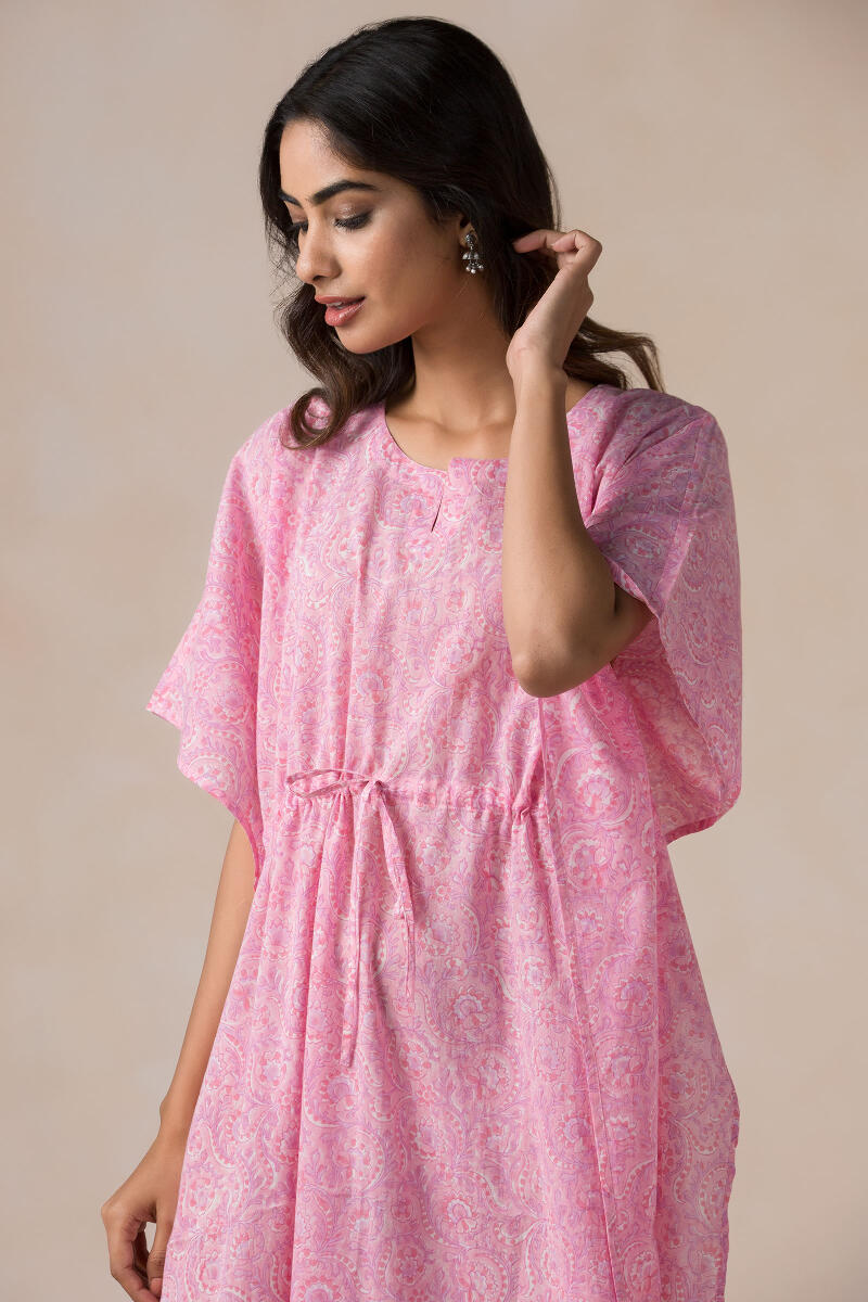 Pink Block Printed Cotton Kaftan