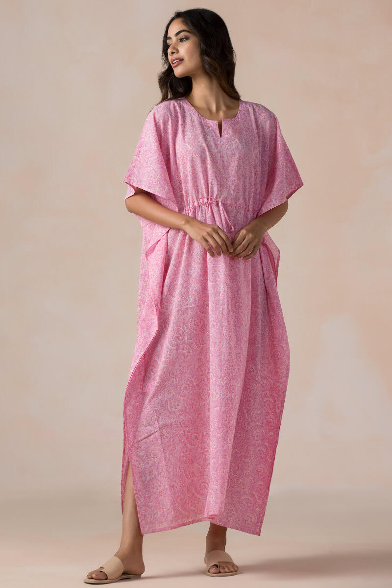 Pink Block Printed Cotton Kaftan