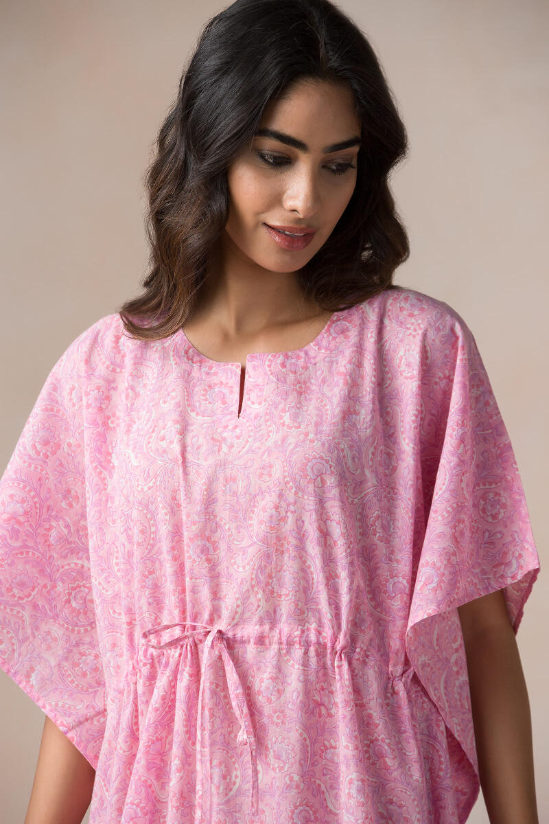 Pink Block Printed Cotton Kaftan