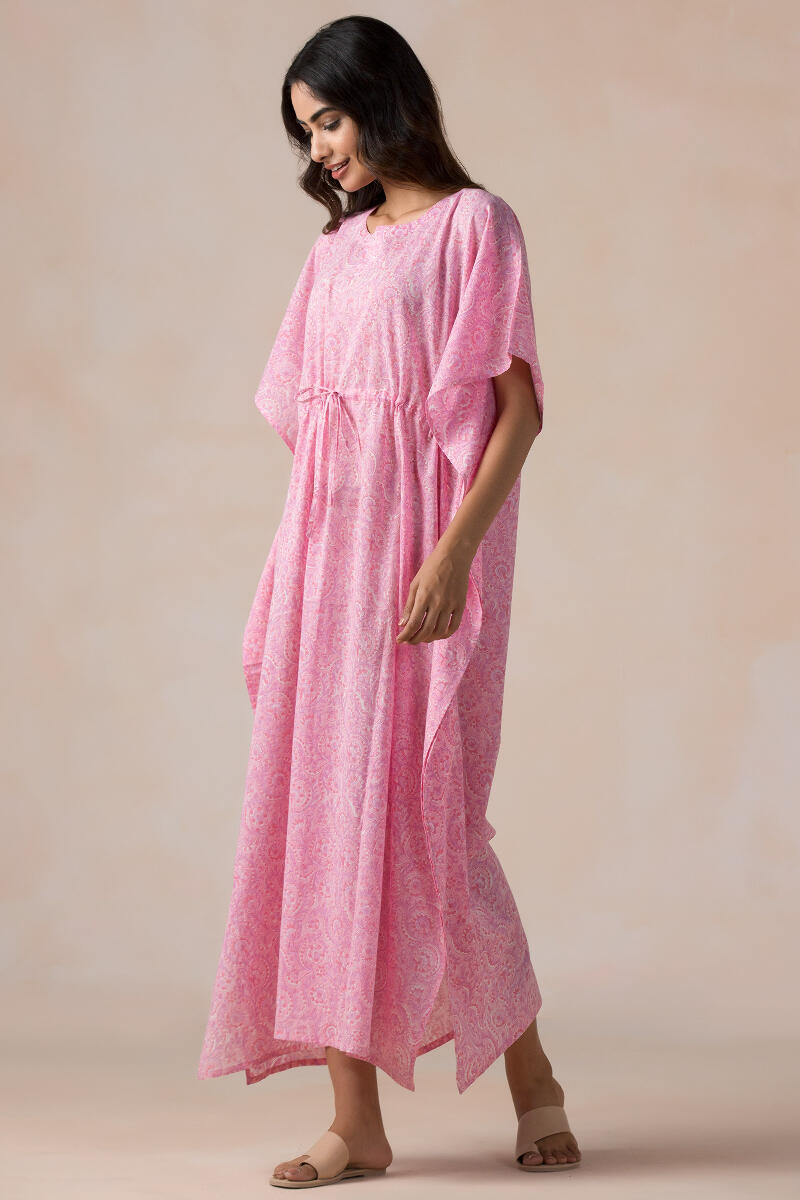 Pink Block Printed Cotton Kaftan