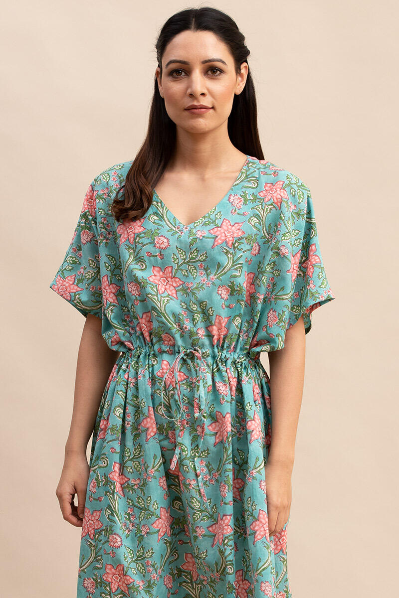 Turquoise Block Printed Cotton Short Kaftan