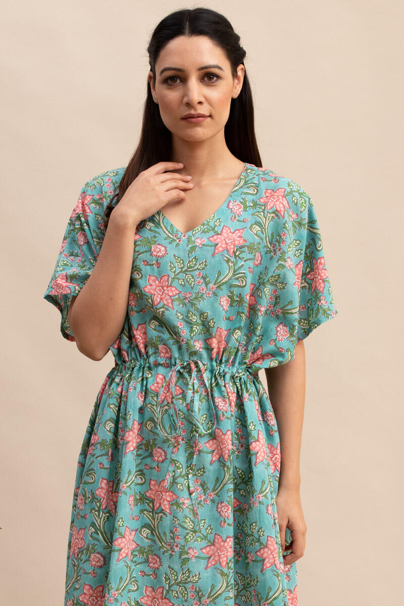 Turquoise Block Printed Cotton Short Kaftan
