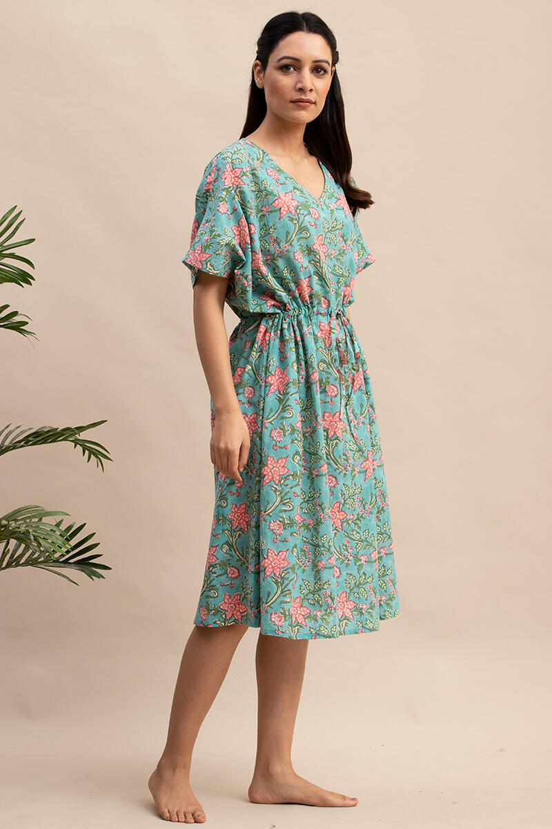 Turquoise Block Printed Cotton Short Kaftan