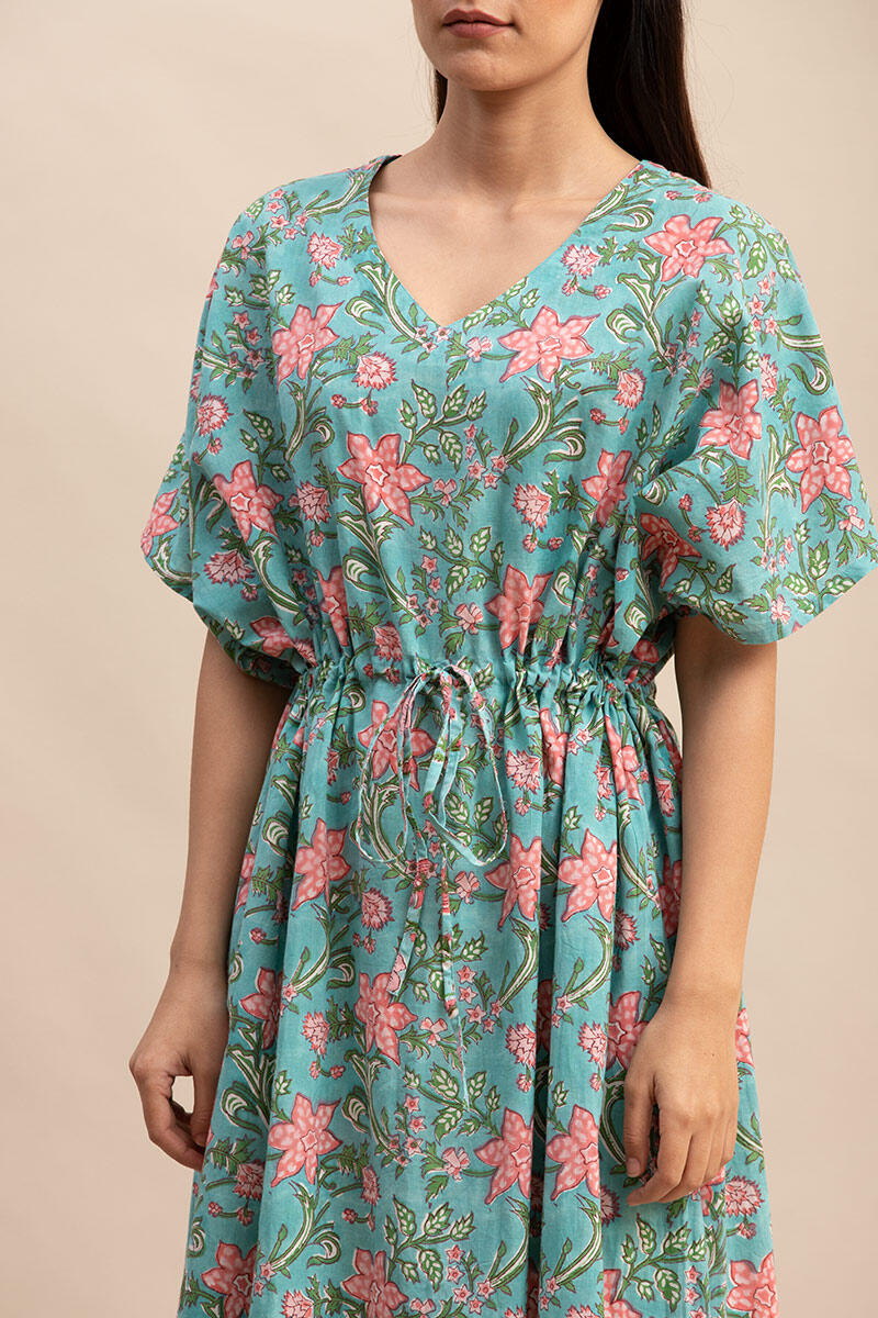Turquoise Block Printed Cotton Short Kaftan