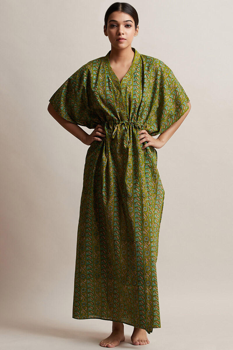 Green Block Printed Cotton Kaftan