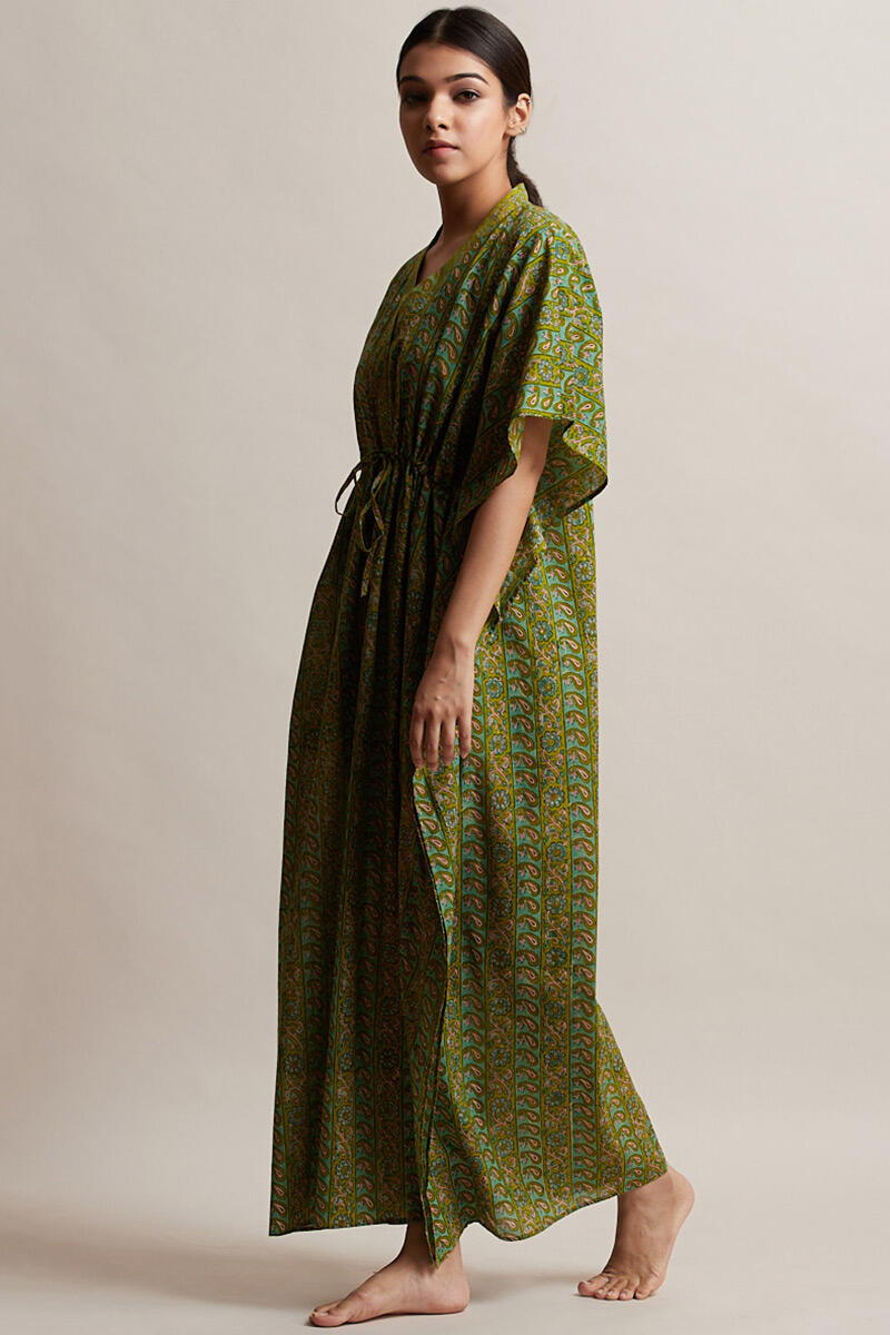 Green Block Printed Cotton Kaftan