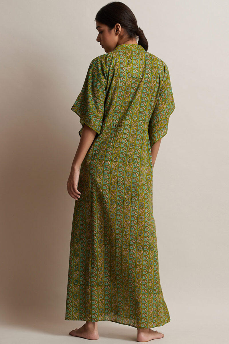 Green Block Printed Cotton Kaftan