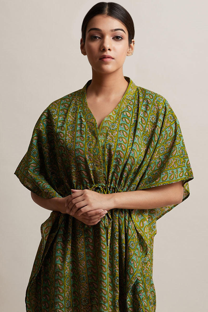 Green Block Printed Cotton Kaftan