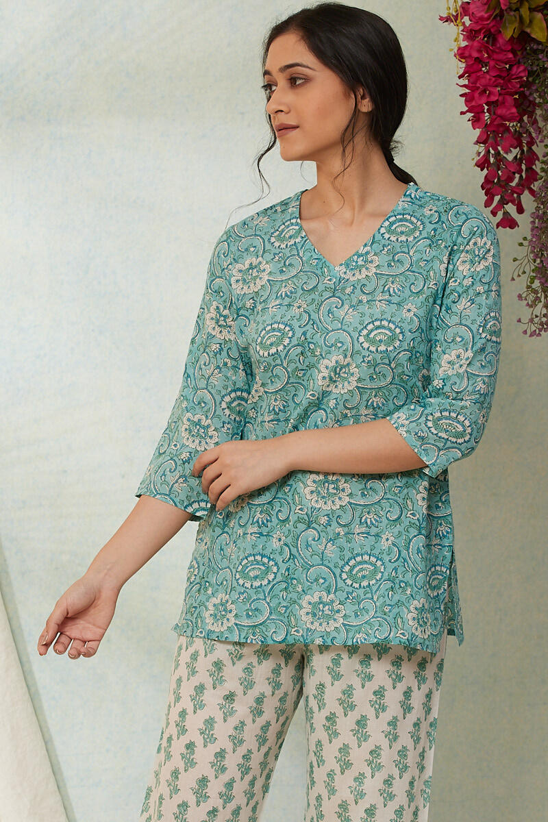 Buy Turquoise Block Printed Cotton Nightsuit Set FGNSET19 07 Farida Gupta