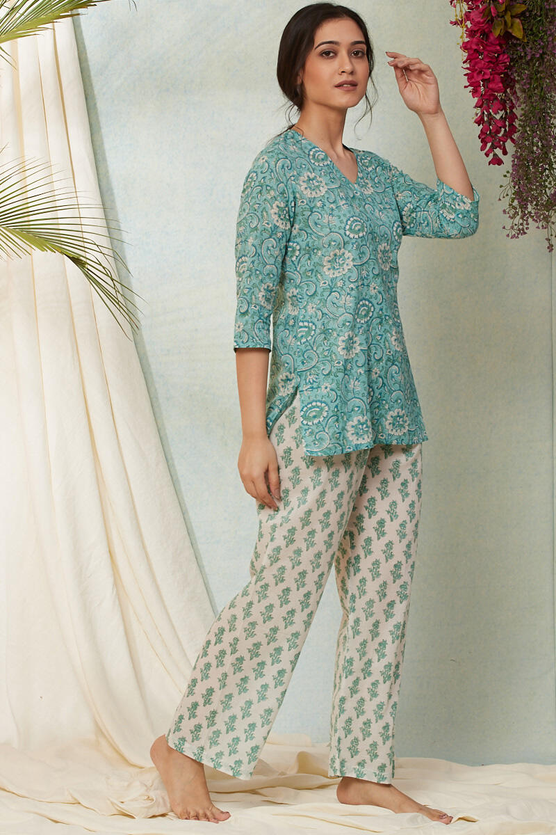 Turquoise Block Printed Cotton Nightsuit Set