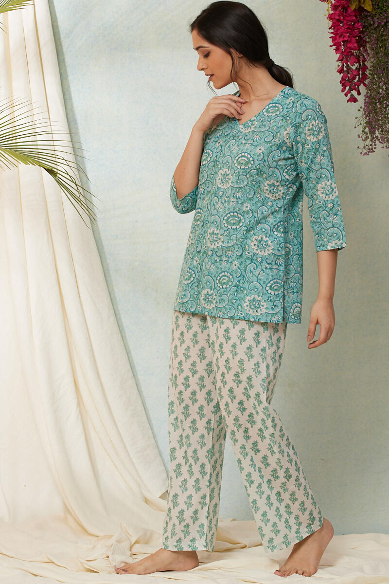 Turquoise Block Printed Cotton Nightsuit Set