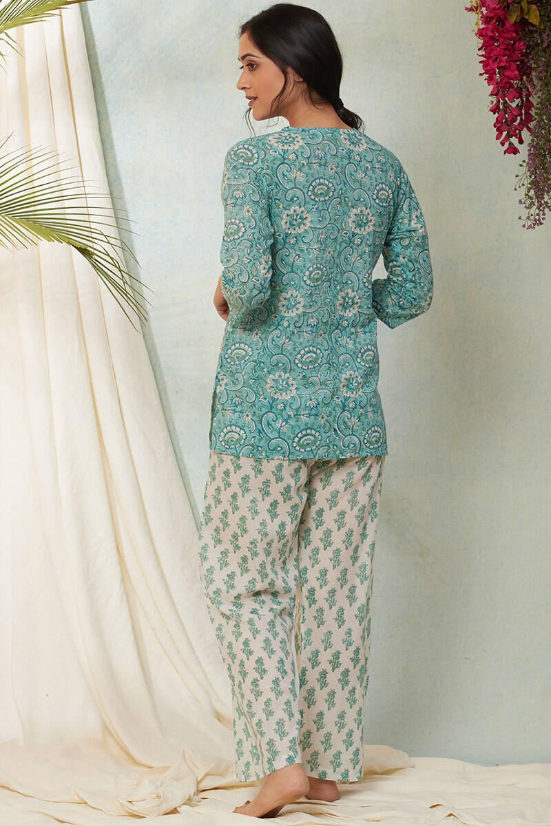 Turquoise Block Printed Cotton Nightsuit Set