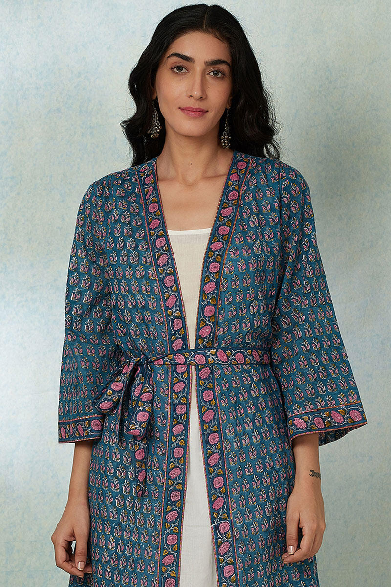 Blue Block Printed Cotton Long Kimono