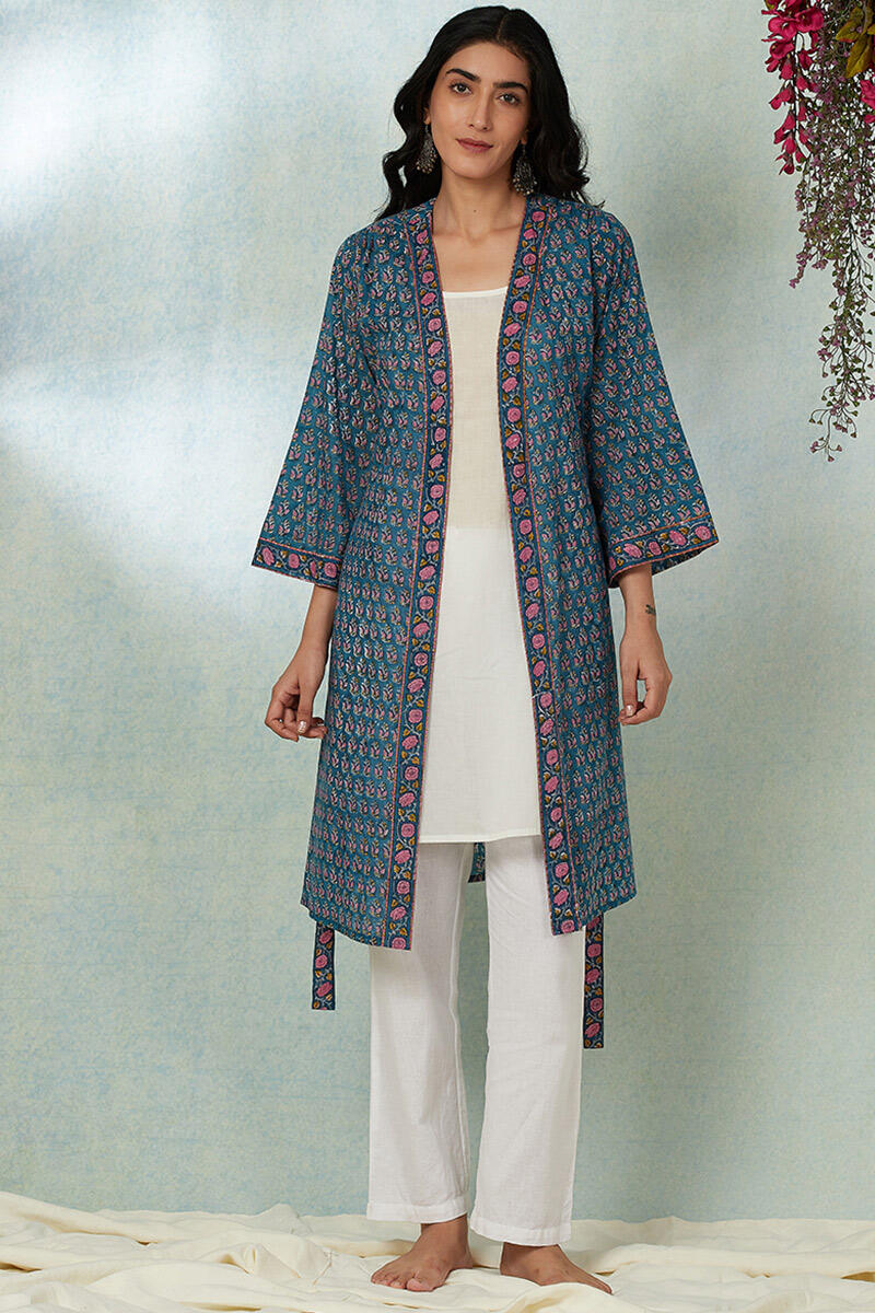 Blue Block Printed Cotton Long Kimono