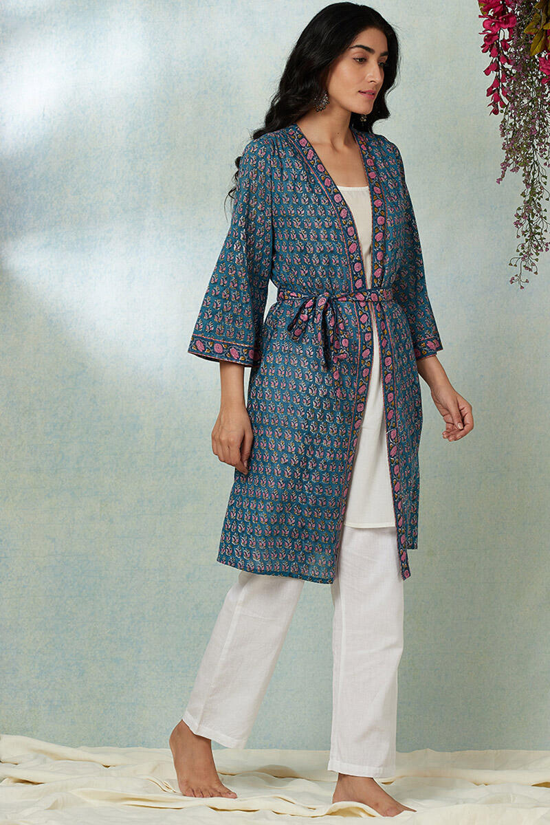 Blue Block Printed Cotton Long Kimono