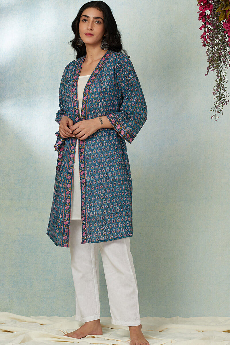 Blue Block Printed Cotton Long Kimono