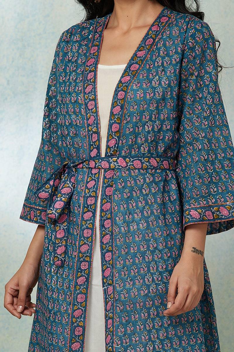 Blue Block Printed Cotton Long Kimono