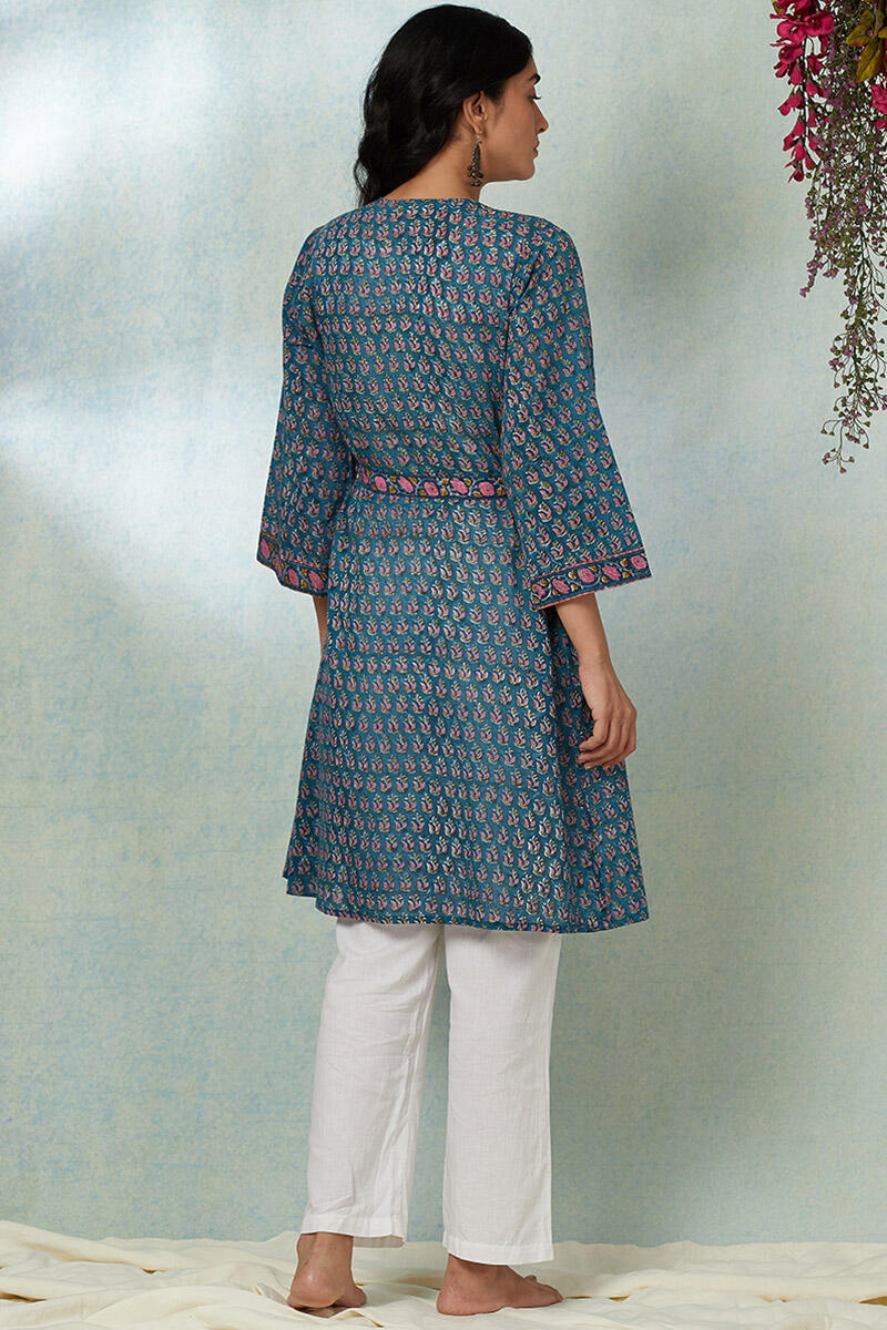 Blue Block Printed Cotton Long Kimono