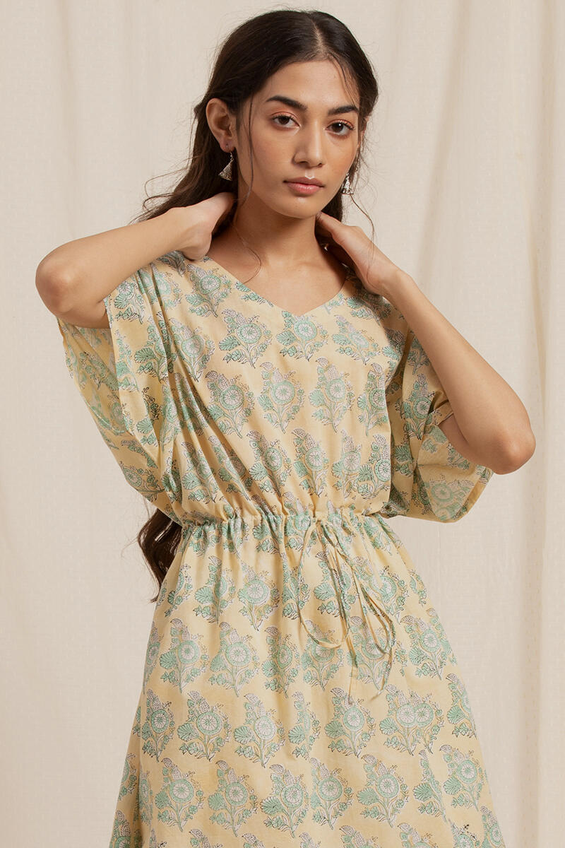 Green Block Printed Cotton Short Kaftan