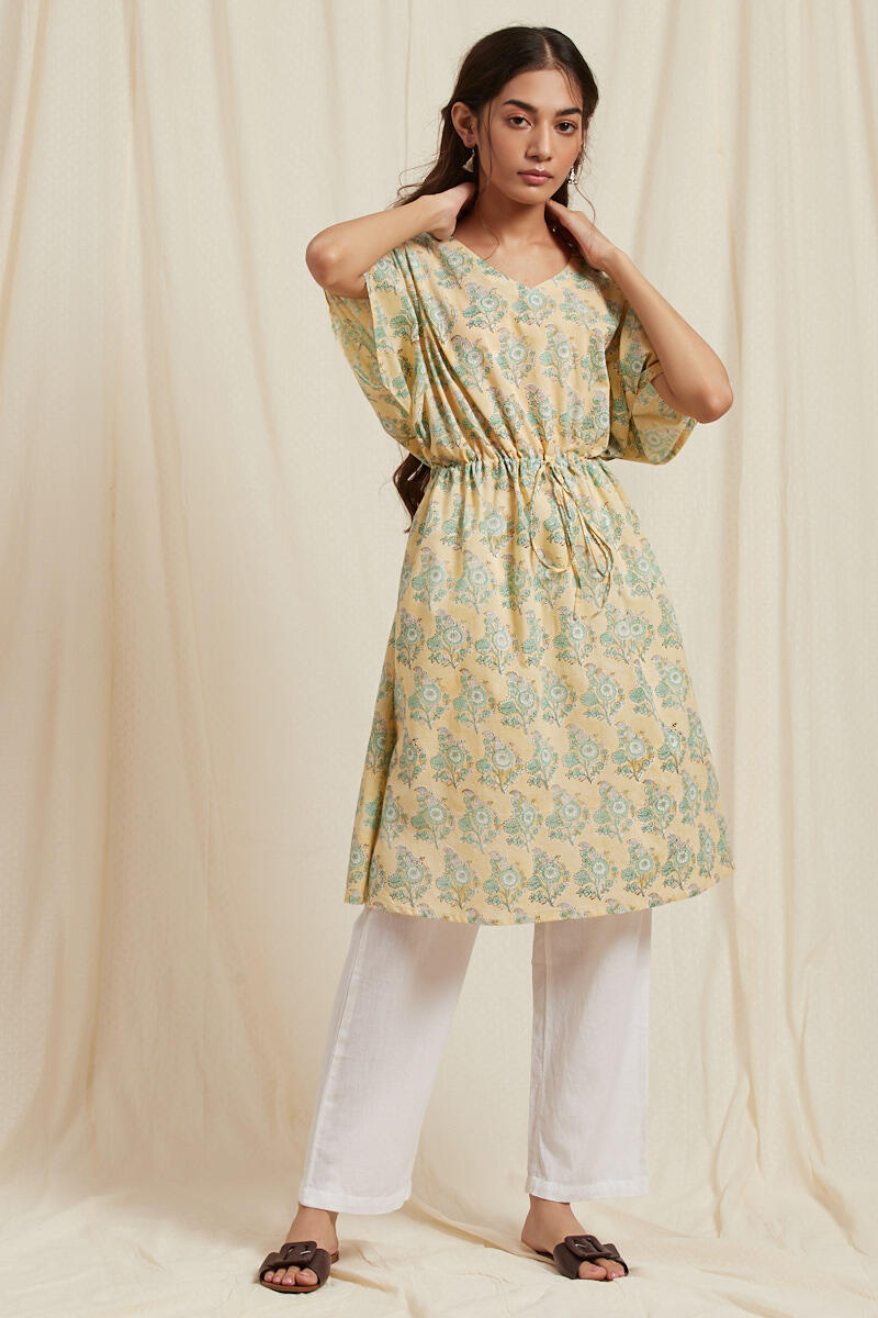 Green Block Printed Cotton Short Kaftan
