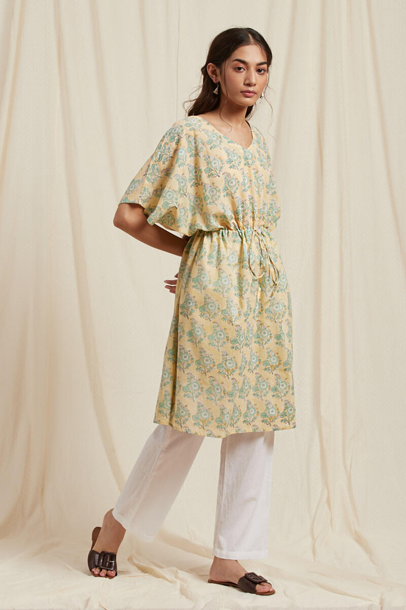 Green Block Printed Cotton Short Kaftan