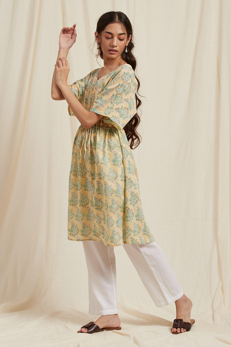Green Block Printed Cotton Short Kaftan